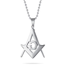 Black Oxidized Large Freemason Secret Society Square & Compass Masonic Symbol Pendant Necklace for Men Silver Tone Stainless Steel with Bead Chain