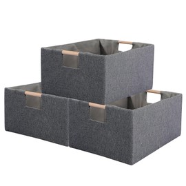 Fabric Storage Bin 3 Pack Foldable Cotton Linen Storage Basket with Wooden Handles Rectangular Cube Box - Gray, Large