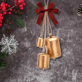 Saihisday Christmas Cow Bells Lucky Cow Bell Christmas Hanging Bells with Plaid Bow Giant Christmas Decoration Bell Antique Gold Brass Wall Hanging Bell Country Style Bell Ornaments for Xmas Tree