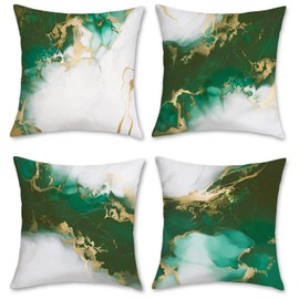 Bonhause Emerald Green Marble Cushion Covers 45 x 45 cm Both Sides Green Gold Modern Abstract Decorative Decorative Throw Pillow Covers Soft Velvet Pillowcases for Sofa Home Decor Set of 4