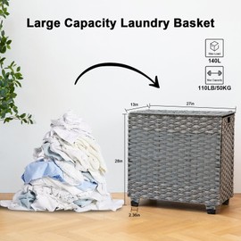 OIAHOMY Laundry Hamper with Lid, 140L Synthetic Rattan Clothes Hamper with Handles, Handwoven Large Laundry Basket with 3 Removable Liner Bags, Foldable, Laundry Room, 27*13*26 Inches, Gradient Grey