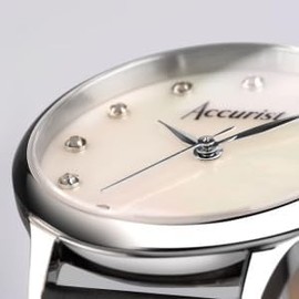Accurist Dress Ladies 28mm Quartz Watch in White Mother of Pearl with Analogue Display, and Black Leather Strap 77002