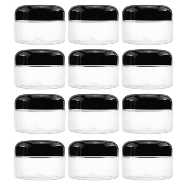 Cornucopia 4-Ounce Clear Plastic Jars (12-Pack); Jars w/Black Domed Lids for Cosmetics, Kitchen Spices, Crafts & Office