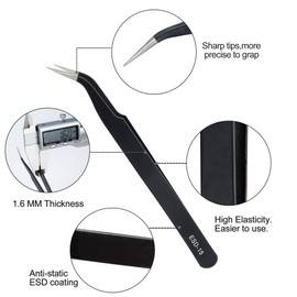 Anti-Static Tweezers ESD Pack of 10 Precision Tweezers Sets with Tips, Curved Tips, Flat Head for Electronic Repairs Computer Precision Work