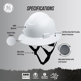 GE Hard Hat, Full Brim, Class G & E, Padded Sweatband, 4-Point Ratchet Suspension, ANSI Z89.1-2014, Safety Hard Hats for Men, Impact Resistant, Durable, Lightweight, Adjustable- Non-Vented, White