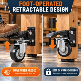 Retractable Workbench Caster Wheels for Heavy-Duty Tables – 4-Pack with Foot-Operated Lift and 360° Swivel for Workshops