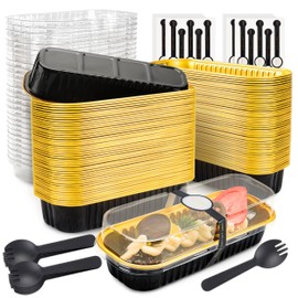 NPLUX Mini Loaf Pans with Lids and Spoons Rectangular Aluminum Foil Baking Pans Mini Cheesecake Containers 6.8 Oz(120 Pack, Black Gold)