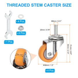 PATIKIL 1.5 Inch Stem Caster Wheels Set of 4 Low Profile Threaded Shelf Swivel Wheel M8 x 20 mm Total Load 165 Lbs for Furniture Cart Wire Shelving Racks Leveling, Orange