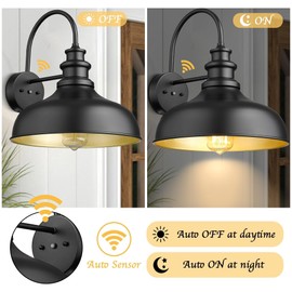 Bestshared Dusk to Dawn Sensor Farmhouse Barn Light, Anti-Rust Outdoor Wall Sconce, Outdoor Wall Lantern for Porch,Exterior Light Fixtures for Patio,Garage (Black+Gold, 1 Pack)