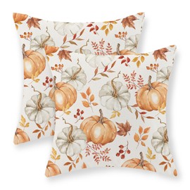 DAFENA Fall Pillow Covers 18x18 Inch 2 Pcs Burnt Orange Grey Pumpkin Maple Leaves Autumn Decor Throw Pillows Leaf Thanksgiving Outdoor Holiday Decoration Pillowcase Linen Cushion Cover for Couch Sofa