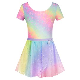 Bricnat Ballet Clothing Girls Ballet Dress Children's Short Sleeve Ballet Suit Dance Dress Ballet Outfit Leotard Ballet Leotard with Skirt Tutu Rainbow 7-8 Years