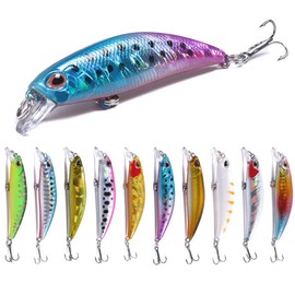 Lures Set, Minnow, Sinking Minnow, Fishing Lure Set, Mountain Stream Trout Lure, Explosion Fishing, Minnow with Lip, Double Hook, Sea Bass Flounder, 2.4 inches (6 cm), 0.16 oz (4.5 g), 10 Colors Set