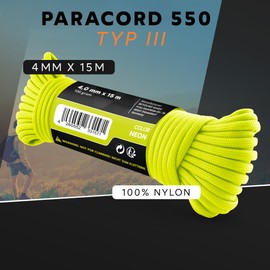GO!elements 15 m Paracord Rope Made of Tear-Resistant Nylon Cord – 4 mm Paracord 550 Type III Cord – Suitable as All-Purpose Rope & Cord – Max. 250 kg, Colour: Neon
