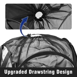 Collapsible Mesh Pop Up Laundry Hamper with Sturdy Handles and Side Pocket - Portable Foldable Clothes Baskets for Dorm, Bathroom & Travel Storage (With Drawstring, Black)