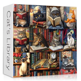 Vintage Cat Puzzles for Adults 1000 Pieces，PICKFORU Retro Cat Library Themed, Book Kitten Bookshelf Jigsaw Puzzles Collage Challenge