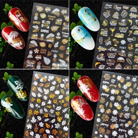 8 Sheets Summer Nail Art Adhesive Sticker Nail Stickers Laser Gold with White Nail Art Design Leaf Coconut Tree Dolphin Heart 3D Nail Art Decoration for Women Girls Manicure Tips Nail Supplies