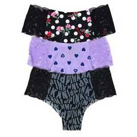 Victoria's Secret PINK Cheekster Panty Set of 3 Small No Show Black Dot Floral/Purple Hearts/Black Gray Logo