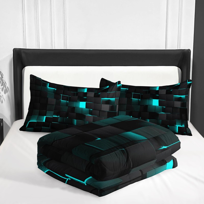 Neon Turquoise Black Comforter Set Queen Geometric Kids Bedding Set,3