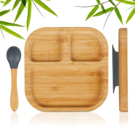 Relaxdays Children's Bamboo Plate with Suction Cup, BPA-Free, Non-Slip, Complementary Food Plate, Divided Baby Plate, Natural/Grey