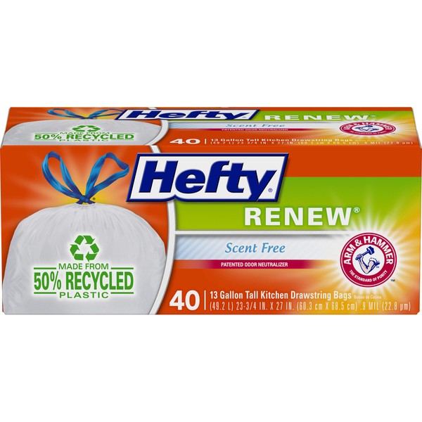 Hefty Renew Tall Kitchen Trash Bags, White, Unscented, 13 Gallon, 40 Count