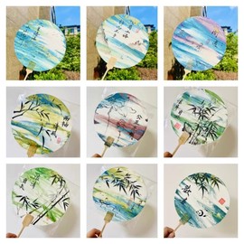 Pstang Chinese Lacquer Fan，Handmade Classic Round Hand Fan，Double-Surface Painting On Semi-raw Rice Paper With Bamboo Fan Rib，Diameter 7.9in/38CM (Chinese style architecture A)