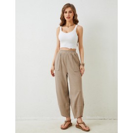 Tomosc Womens Baggy Wide Leg Pants Summer Casual Elastic Waist Palazzo Harem Pants with Pockets (4S-Khaki-XL)