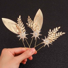 Yean Gold Leaf Wedding Hair Pins Rhinestone Star Bridal Hair Pieces Laurel Leaves Hair Accessories for Women and Girls(Pack of 3）