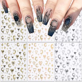 Gold and Silver Nail Art Sticker Decals Love Heart Moon Starburst Design Nail Decals 3D Heart Self-Adhesive Nail Art Sticker Supplies for Women Acrylic Manicure Decoration