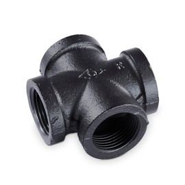 pamo Malleable cast iron fitting 4-way - 3/4 inch for DIY clothes rail in industrial loft design, 4-way cross, powder-coated water pipe in black for DIY wardrobe/wardrobe