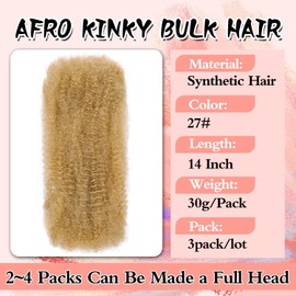 Afro Kinkys Bulk Hair for Dreadlock Extensions 3 Bundles 90g Micro Twist Repair Locs Braiding Crochet Hair Synthetic Afro Kinky Curly Braiding Hair for Black Women and Man (27#, 14inch)