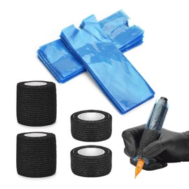 BAMTTOO Tattoo Pen Machine Covers with Grip Tapes 200pcs Tattoo Pen Covers 4pcs Tattoo Bandage Grip Wrap Blue Pen Bags Tattoo Supplies (200pcs Pen Bags+4pcs Grip Tape)