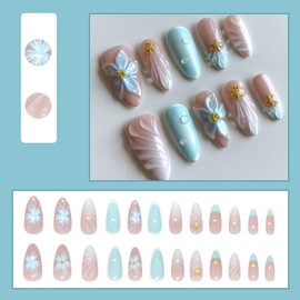 24Pcs Flower Press on Nails Medium Almond WLGDLH Blue French Fake Nails 3D Golden Bead Starfish Nail Charms Design Nude False Nails Full Cover Glue on Nails Summer Wave Stick on Nails for Women DIY