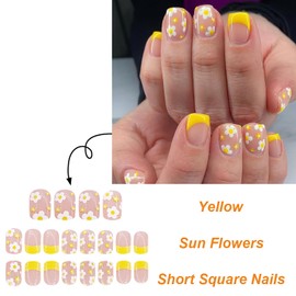 French Tip Press on Nails Short Square Fake Nails with Small Flower Designs Stick on Nails Spring Acrylic Nails Glossy Full Cover Artificial False Nails Cute Flowers Glue on Nails for Women, 24Pcs