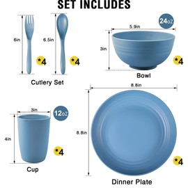 Shopwithgreen Wheat Straw Dinnerware Sets for 4, 20 PCS Unbreakable Plates and Bowls Sets, Reusable Dinner Dishes Set, Bowls, Cups, Plates for Camping, Kitchen, RV, Dorm, Dishwasher Microwave Safe