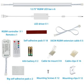 Under Cabinet LED Lights Kit. RGB Color Changing & Super Bright White Lighting. Dimmable with Remote. 6 pcs Linkable LED Light Strips with Power Supply, Extension Cords. Plug in. Max 24W. RGB + 5000K.