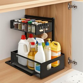 2 Tier Shelf Under Sink Kitchen Cabinet Organiser Under Sink | Metal, with 5 hooks, height adjustable, extendable, for kitchen, sink, cupboard, bathroom