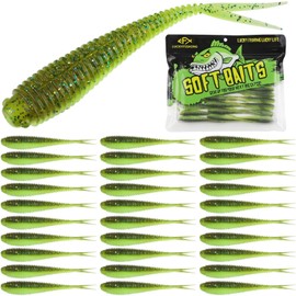 LUCKYFISHING Soft Plastic Baits Forked Tail Fishing Soft Bait for Bass Walleye Trout Crappie Lures Green Flash-3.5in-30pcs