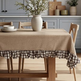 Mindsoft 60 x 120 Inch Rectangle Farmhouse Ruffle Tablecloth Rustic Burlap Linen Table Cover with Gingham Skirt Country Style Tablecloth for Kitchen Dining Room Picnic Party Indoor Outdoor Decor