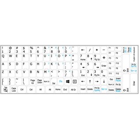 ENGLISH US NON-TRANSPARENT KEYBOARD DECALS with ADDITIONAL KEYS WHITE BACKGROUND for DESKTOP, LAPTOP and NOTEBOOK