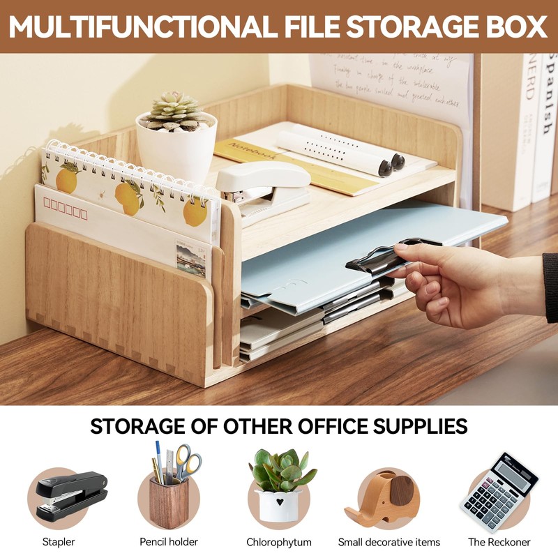 KIRIGEN Wood 3-Tier Office Desktop Document Tray - Mail Sorter