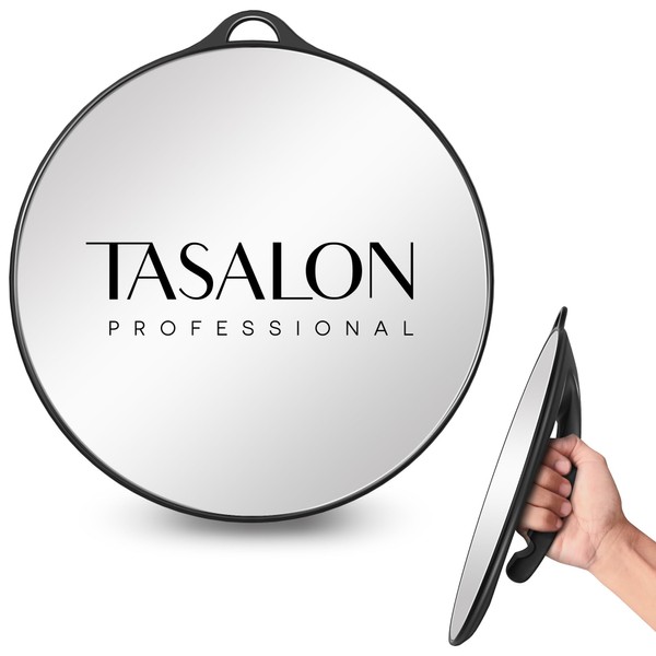 TASALON Unbreakable Barber Mirror - Hand Mirrors with Handle for Hair Stylist, Beauty Salon, Handheld Mirror for Men, Women, Barber Supplies, Round Black Hand Held Mirror with Hanging