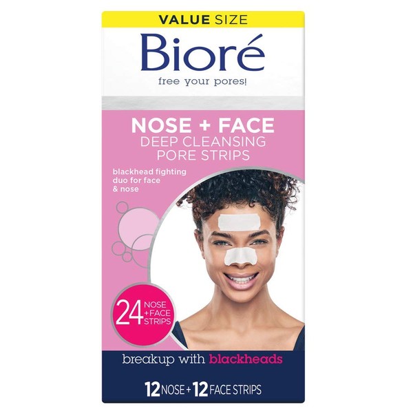 Bioré Nose Face, Deep Cleansing Pore Strips, 24 Ct Value Size, 12 Nose + 12 Face Strips for Chin or Forehead, Instant Blackhead Removal & Pore Unclogging, Oil-free, Non-Comedogenic, Packaging May Vary