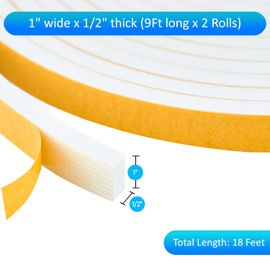 High Density Foam Weather Stripping Door Seal Strip Insulation Tape Roll for Insulating Door Frame, Window, Air Conditioner | Self Adhesive Sealing Weatherstrip (White, 1 in x 1/2 in x 18 Ft)
