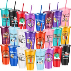 Chuangdi 24 Pcs Book Lovers Gifts 24 oz Reusable Plastic Tumbler with Lids and Straw Book Club Bookworms Gifts for Reader Librarian Office Coworkers Thanksgiving Christmas Party Favors (Multicolor)