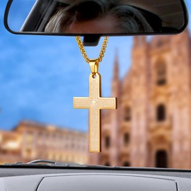 LeapoFaith Cross Pendant for Car Rearview Mirror Hanging Cross Charm for Car Accessories Jesus Ornament Stainless Steel Lord's Prayer Cross Necklace With Bible Verse Religious Adult Men Jewelry (Gold)