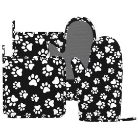 DYCBNESS Dog Paw Oven Mitts Pot Holders Set Silicone Cat Footprint Dog Paw Prints Black White Kitchen Oven Mitts Heat Resistant Potholders Non-Slip 4pcs Hot Pads and Oven Gloves Sets for Baking