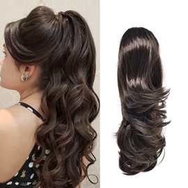 Ponytail Clip In Claw Long Wavy Straight Thick Synthetic Pony Hair Extension 22'' 14'' Heat Resistant Curly Pony Tail Hairpiece For Women USA (14'', 4# Darkest Brown)