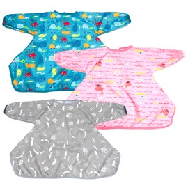 Waterproof Bibs with Long Sleeve for Baby, Baby Led Weaning Bib Coverall attaches to highchair, Handy to Carry (3 PCS - Seaworld Gray&Blue+ Pink Fish)