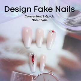 French Medium Press on Nails Ballerina Shaped Fake Nails Pink White Gradient Acrylic Nails with Red Rhinestones Designs Glossy False Nails Stick on Nails Holiday DIY Art for Women Girls 24Pcs