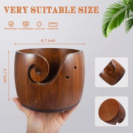 LucyPhy Wooden Yarn Bowl 6.7 x 4.7inch Handmade Craft Knitting Bowl Wool Storage Basket with Carved Holes & Drills for DIY Knitting Crocheting Accessories (Brown)